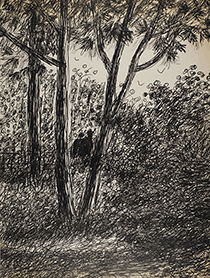 Two people between trees